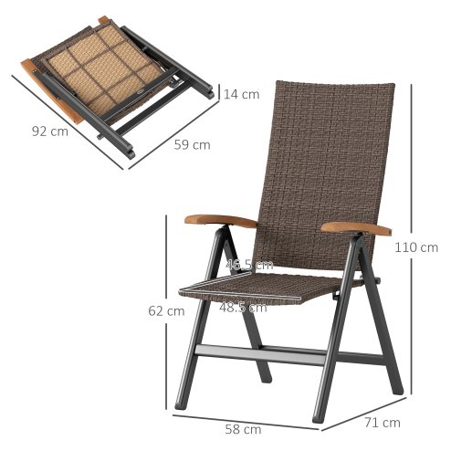 Outsunny Outdoor Folding Dining Chair, PE Rattan Chair with Armrests, High Backrest, for Garden, Camping, Balcony, Porch, Brown