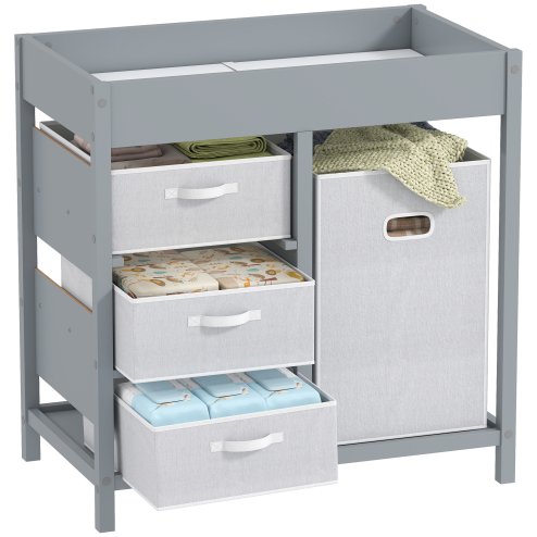 AIYAPLAY Baby Changing Table with 4 Drawers, Nursery Diaper Baby Changing Unit for 0-12 Months (max. 11kg), with Mat, Infant Care Station for Bedroom Nursery, Grey