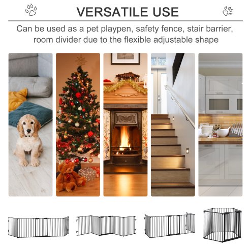 PawHut Pet Safety Gate, 5 Panels Playpen Fireplace, Metal Fence, Stair Barrier, Room Divider w/ Walk-Through Door - Black