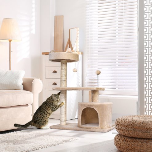 PawHut Cat Tree for Indoor Cats with Scratching Post Climbing Tower Kitty Activity Centre Condo Perch Jumping Platforms Beige 60L x 40W x 81H cm