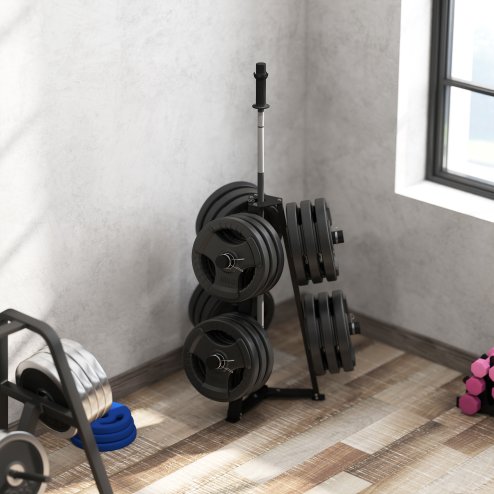 SPORTNOW Weight Rack, Weight Tree for 5cm Weight Plates and Barbell Bar with 6 Fasten Clamps for Home Gym Storage, 300kg Capacity