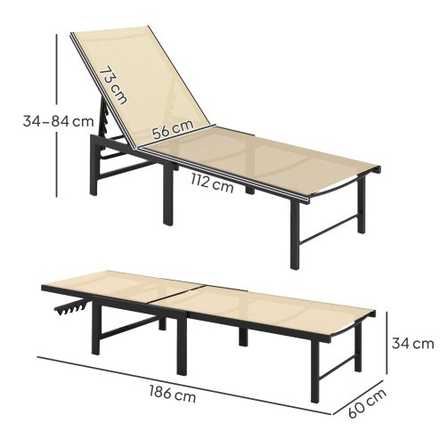 Outsunny Sun Lounger for Garden, 5-Level Adjustable Reclining Sun Lounger Chair, Flat Garden Lounger Sunbed with Texteline Seat, Steel Frame for Patio, Beach, Khaki