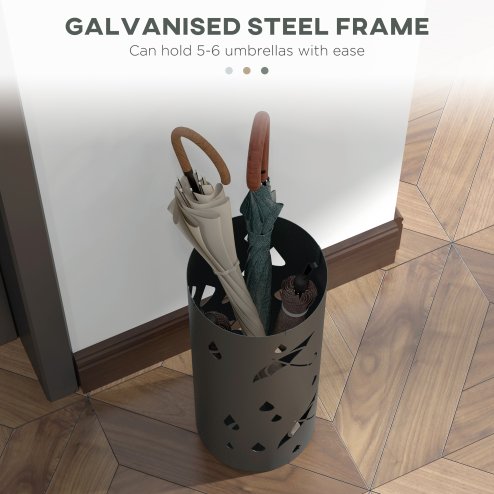 HOMCOM Steel Umbrella Stand, Round Umbrella Holder with 4 Hooks and Removable Drip Tray, Hollowed Umbrella Basket for Hallway, Dark Grey