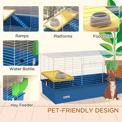 PawHut Guinea Pig Cage Chinchillas Rabbit Small Animal Cage with Ramp, Dish, Water Bottle, 99 x 52 x 53cm, Blue