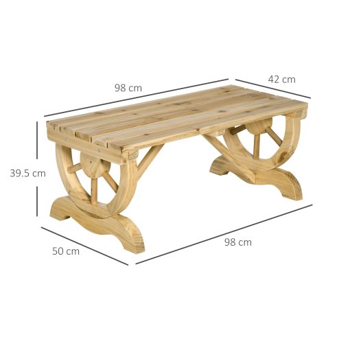 Outsunny Garden Rustic Wooden Bench Wheel-Shaped Legs Slatted Seat Stable Reinforced Structure Outdoor Patio Garden 2-Person Bench Seat - Natural Wood Effect