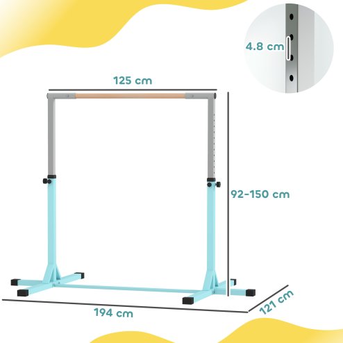 HOMCOM Height Adjustable Gymnastics Horizontal Bar For Kids Home Gym Training Children Junior Kip High Bar Fitness, Light Blue