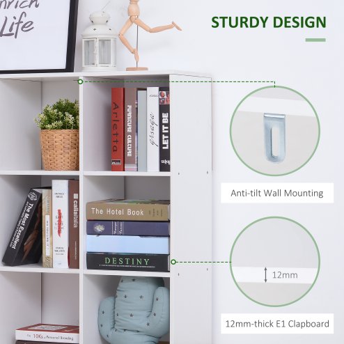 HOMCOM 3 Tier Bookshelf, Modern Cube Bookcase with 9 Open Storage Compartments, Freestanding Display Storage Unit for Living Room, Bedroom, Study, White