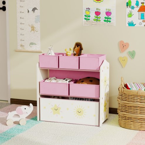 AIYAPLAY Kids Toy Storage Units, 3-Tier Toy Organiser Shelf with 6 Removable Fabric Boxes for Kids, Boys, Girls, Bedroom, Playroom, Nursery, Pink
