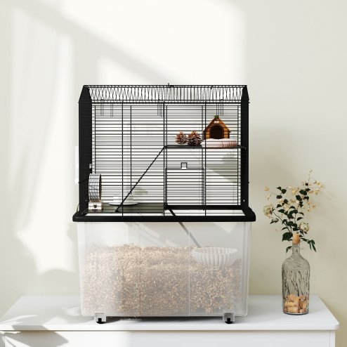 PawHut Hamster Cage, Gerbil Cage 3 Tier with Wheels, Deep Bottom, Ramps, Food Dish, Water Bottle, for Dwarf, Syrian, 57 x 43 x 74cm - Black