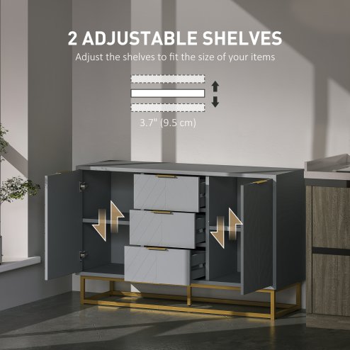 HOMCOM Sideboard for Living Room, Modern Storage Cabinet with 3 Drawers and Adjustable Shelves, Freestanding Cupboard for Dining Room, Kitchen, Grey