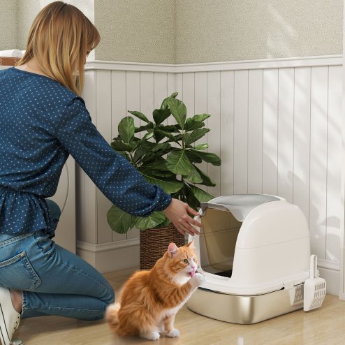 PawHut Stainless Steel Cat Litter Tray with Lid, High-Sided XL Enclosed Metal Litter Box for Big Cats with Scoop, Flip-Cover, Easy Clean