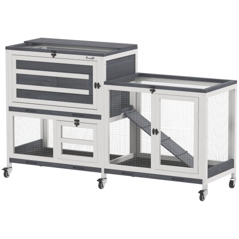 PawHut Rabbit Hutch with Run, 2-Tier Wooden Guinea Pig Hutch with Wheels, 2 Openable Tops, 3 Plastic Trays, Small Animal House Indoor for 2-3 Bunnies, Guinea Pigs, 147 x 45 x 89.5cm, Grey