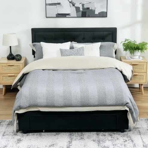 HOMCOM Double Ottoman Bed Frame, 4ft6 Gas Lift Storage Bed with 2-Level Adjustable Velvet Upholstered Headboard, Wheeled Drawer and Wooden Slats, No Mattress, Black