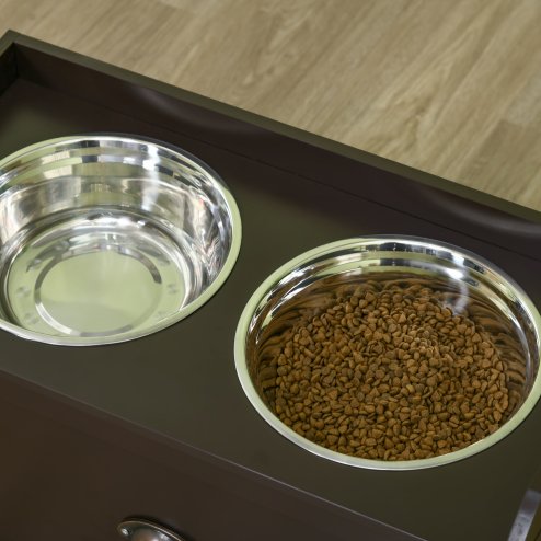 PawHut Stainless Steel Raised Dog Bowls, Double Dog Food and Water Bowl w/ 21L Storage Drawer, for Large Dogs - Brown