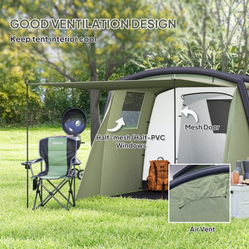 Outsunny Inflatable 3-4 Man Tunnel Tent w/ Air Pump, Living Area & Vestibule, Waterproof Family Camping Air Tent w/ Sewn In Groundsheet & Removable Footprint for Camping, Hiking, Olive Green