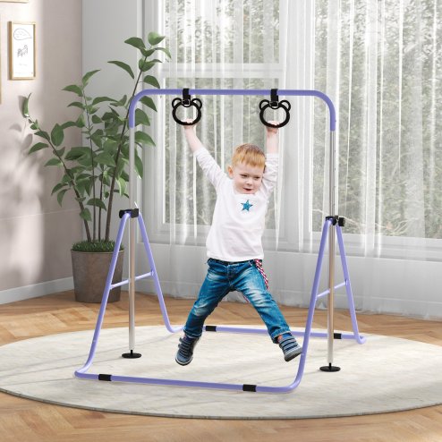 HOMCOM Kids Gymnastics Bar, Horizontal Bar for Kids, Adjustable Height Folding Gymnastics Equipment with Gymnastic Rings, Non-slip Rubber Floor Rings, for Home, Flat, Purple