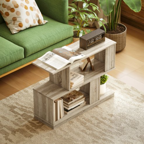 HOMCOM S-Shaped Side Table, 3-Tier Narrow End Table with Storage Shelves, Modern Nightstand for Living Room, Bedroom, 90W x 30D x 61H cm, Natural Wood Finish