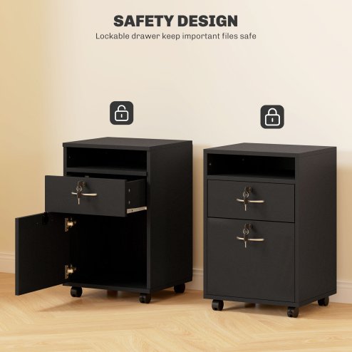 HOMCOM 60cm Filing Cabinet with Drawer, Open Shelf, Metal Handles and 4 Wheels, Office Home Organiser Mobile Printer with Two Locks