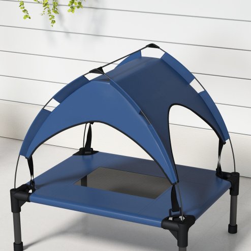 PawHut Cooling Raised Dog Bed, Elevated Pet Bed with Breathable Mesh, UV Protection Canopy, Foot Pads, for Indoor Outdoor, Mini, Small Dog, 61 x 46 x 63cm - Dark Blue
