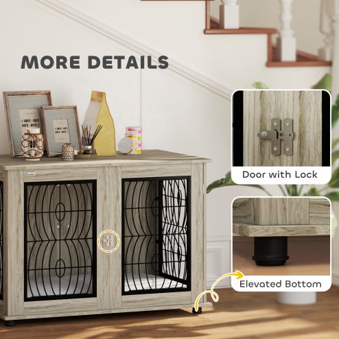 PawHut Dog Crate Furniture, Dog Cage with Soft Washable Cushion, Furniture-Style Pet Kennel Indoor House End Side Table for Small Medium Large XL Breeds, 118 x 75 x 82 cm, Grey