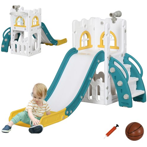 AIYAPLAY Kids Slide, 4 in 1 Toddler Slide with Basketball Hoop, Climber, Telescope, Storage Basket, Indoor Slide for 1-3 Years, Yellow