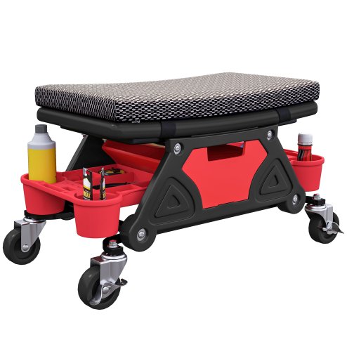 HOMCOM Rolling Mechanic Stool, 135kg Capacity Workshop Stool, 360 Swivel Roller Padded Creeper Seat with Wheels, Slide Out Tool Trays and Drawer for Garage, Shop, Auto Repair, Black