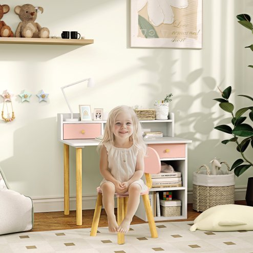 AIYAPLAY Kids Desk and Chair Set, Children Study Table with Hutch, Storage, Drawer, Shelves, for Studying, Reading, Drawing, for Ages 3-8 Years, Pink
