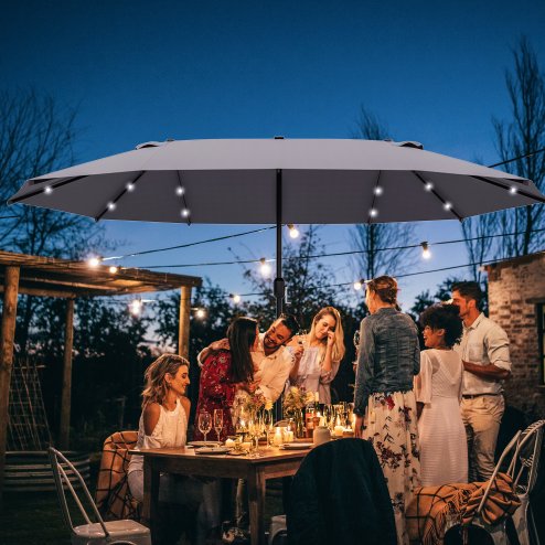 Outsunny 4.4m Double-Sided Sun Umbrella Garden Parasol Patio Sun Shade Outdoor with LED Solar Light, NO BASE INCLUDED, Dark Grey