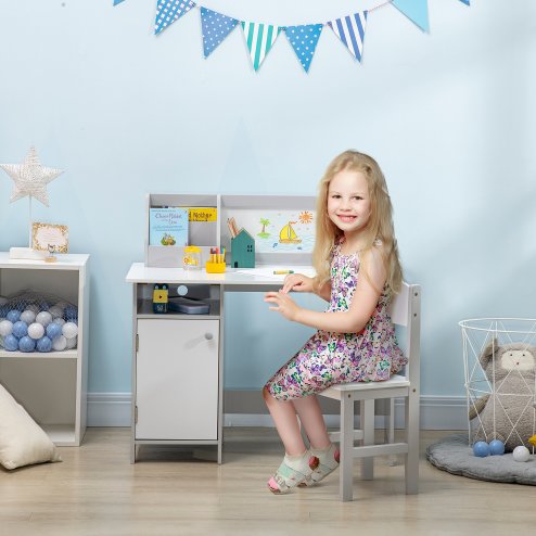 HOMCOM Kids Desk And Chair Set 2 PCs Childrens Table And Chair Set Multi Use Toddler Furniture with Whiteboard, Storage - Grey