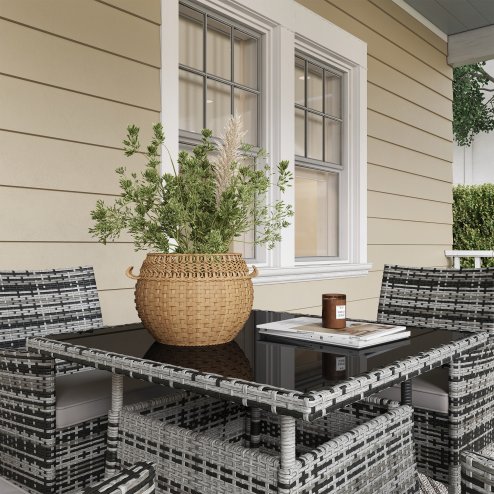 Outsunny 4 Seater Rattan Dining Set with Cushions, 5 Pieces Garden Dining Set with Glass Tabletop, PE Rattan Garden Furniture Set with Dining Table and Armchairs for Patio, Balcony, Mixed Grey