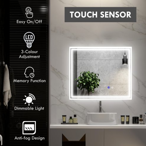 kleankin Bathroom Mirror with LED Lights, Dimmable Makeup Mirror with 3 Temperature Colours, Defogging Film, Memory Function and Aluminium Frame, Hardwired, Horizontal and Vertical, 60 x 50?cm