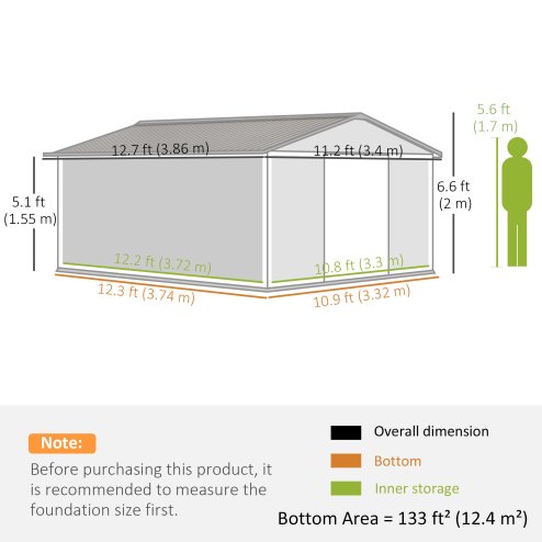 Outsunny 13 x 11ft Metal Garden Shed, Outdoor Storage Tool House with Ventilation Slots, Foundation Kit and Lockable Double Doors
