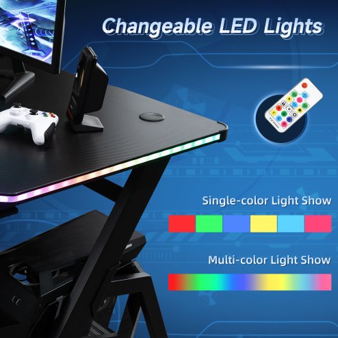 HOMCOM RGB 120 x 66cm Gaming Desk, Computer Table with Carbon Fibre Surface, Headphone Hook, Cup Holder, Controller Rack, Home Office Desk