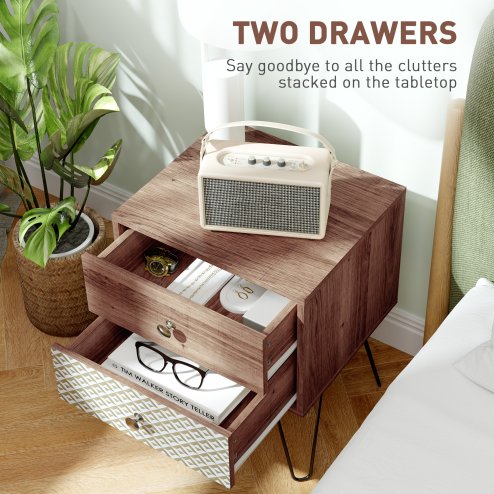 HOMCOM 2-Drawer Bedside Table, Boho Wooden Nightstand Storage Unit, Bedside Cabinet with Steel Frame, Sofa End Side Table for Living Room, Bedroom, Small Space, Rustic Brown