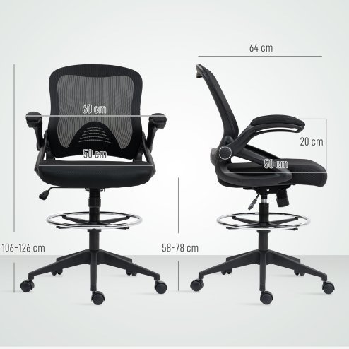 Vinsetto Drafting Chair with Flip-up Armrest, Mesh Office Stool with Foot Ring, 360 Degree Swivel Height Adjustable Chair for Standing Desk, Black