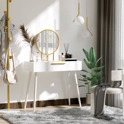 HOMCOM Modern Dressing Table with Round Mirror, Makeup Vanity Table with 2 Drawers for Bedroom, Living Room, 80 x 40 x 123 cm, White
