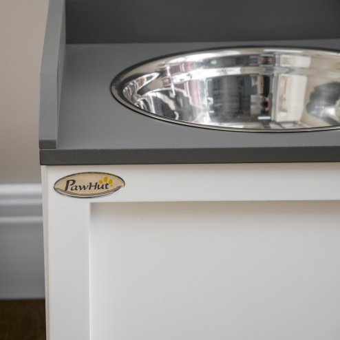 PawHut Stainless Steel Raised Dog Bowls, Double Dog Food and Water Bowl w/ 21L Storage Drawer, for Large Dogs - White