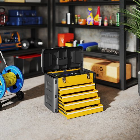 HOMCOM 4 Drawers Large Tool Box, Powder Coated Steel Toolbox with Top Tray, Mini Parts Boxes, Ball Bearing Runners, Handle, Heavy Duty Tool Chest for Workshop, Garage, 497mm x 253mm x 407mm, Yellow