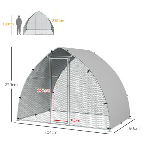 PawHut Walk In Chicken Run, Galvanised Chicken Coop Outdoor with Cover, Poultry Cage, for 8-12 Chickens, Hens, Ducks, Rabbits, 3 x 1.9 x 2.2m - Silver Tone