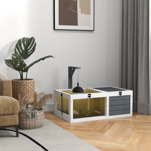 PawHut Tortoise House, Wooden Tortoise Table, Tortoise Enclosure with Wooden Lamp Holder, Openable Lids, Pull-Out Trays - Grey