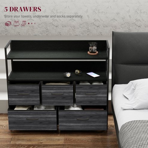 HOMCOM Bedroom Chest of Drawers, Fabric Dresser with 5 Drawers, Storage Organiser Unit with Open Shelves and Metal Frame for Living Room, Entryway
