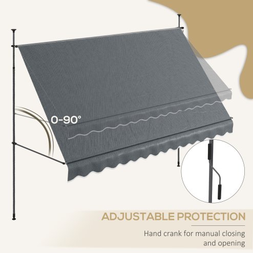Outsunny 3.5 x 1.2m Free Standing Retractable Awning, Non-Screw Patio Sun Shade Shelter with Support Pole Stand and UV Resistant Fabric, for Window, Door, Porch, Deck, Dark Grey