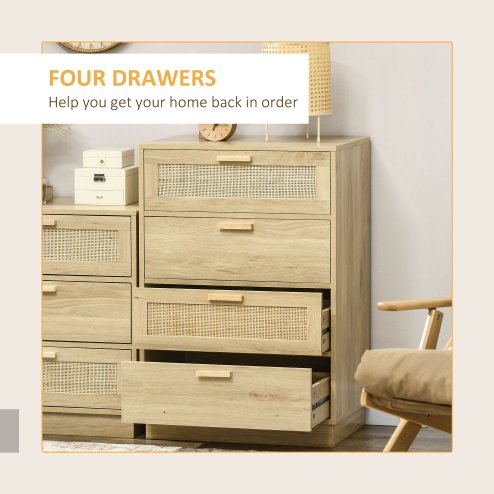 HOMCOM Bedroom Chest of Drawers, Boho Rattan Dresser with 4 Drawers, Storage Cabinet for Living Room, Hallway, Entryway, Natural Wood Finish