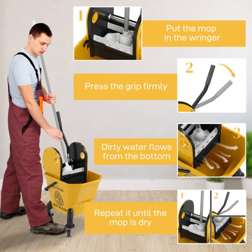 HOMCOM Mop Bucket with Wringer Set on Wheels for Floor Cleaning, 26 Litre Down Press Wringer with Handle and Mop, Yellow