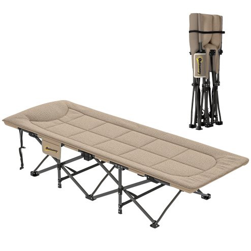 Outsunny Folding Camping Bed for Adults with Cushion, Heavy Duty Portable Travel Camping Cot with Headrest, Side Pocket and Non-Slip Foot Pads for Outdoor Beach Travel Office, Khaki