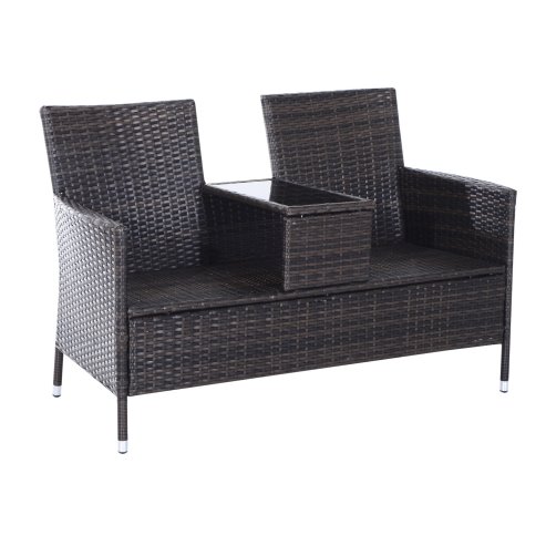 Outsunny 2 Seater Rattan Sofa with Cushions, Wicker Garden Loveseat with Armrests, Outdoor Garden Sofa Couch with Metal Frame for Patio, Brown