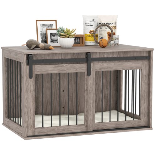 PawHut Dog Crate Furniture, Dog House Furniture Style for Large Breeds, Pet Kennel with Removable Cushion for Indoor Use, 98 x 58 x 61cm, Brown