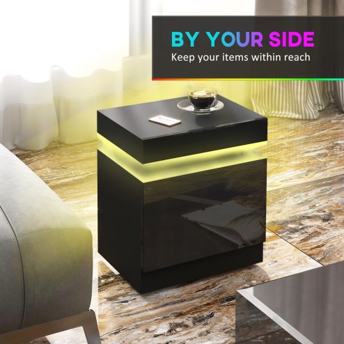 HOMCOM High Gloss Front Bedside Table, Nightstand with RGB LED Light and 2 Drawers, Chest of Drawers for Bedroom, Living Room, Black