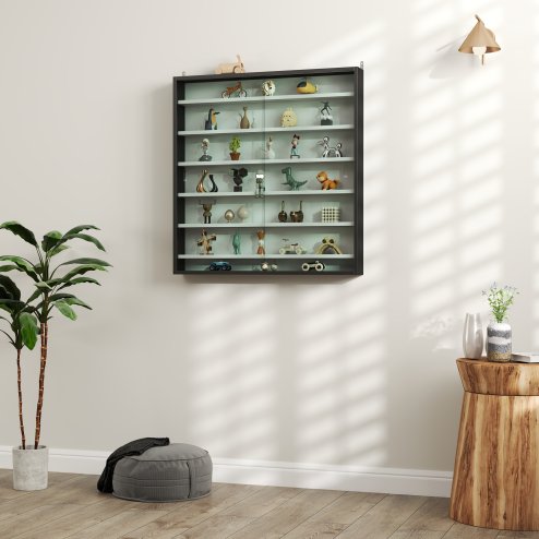 HOMCOM 7-Tier Wall Mounted Display Cabinet, Display Case with 6 Adjustable Shelves, Glass Doors for Home Office Ornaments 83x80cm, Black and White