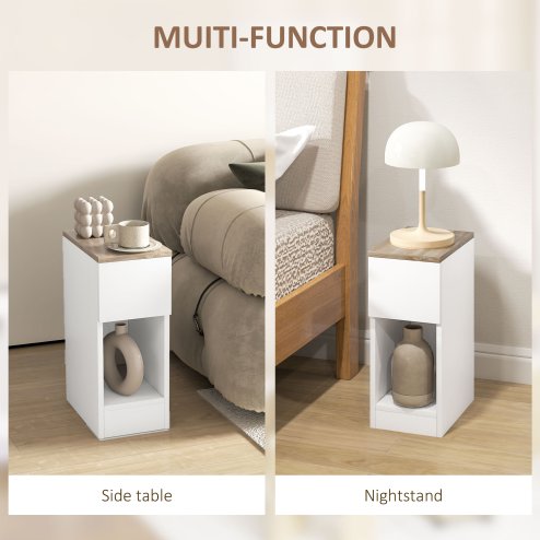 HOMCOM Bedside Tables Set of 2, Modern Side Tables with Drawer and Shelf, Nightstands for Bedroom, Living Room, White